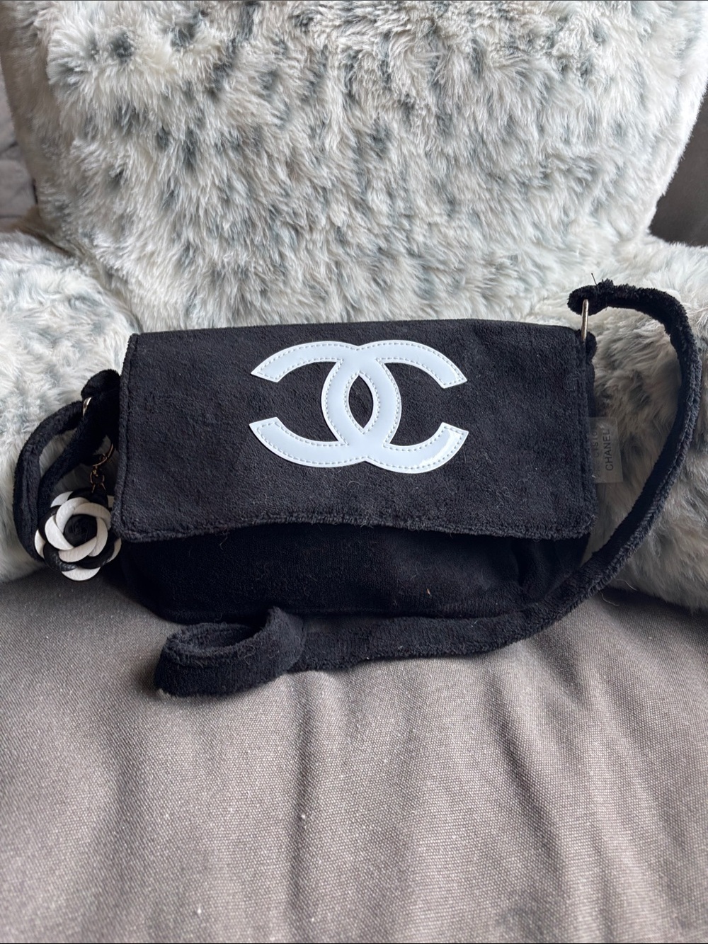 CHANEL Black Precision fluffy Crossbody with White CC Emblem